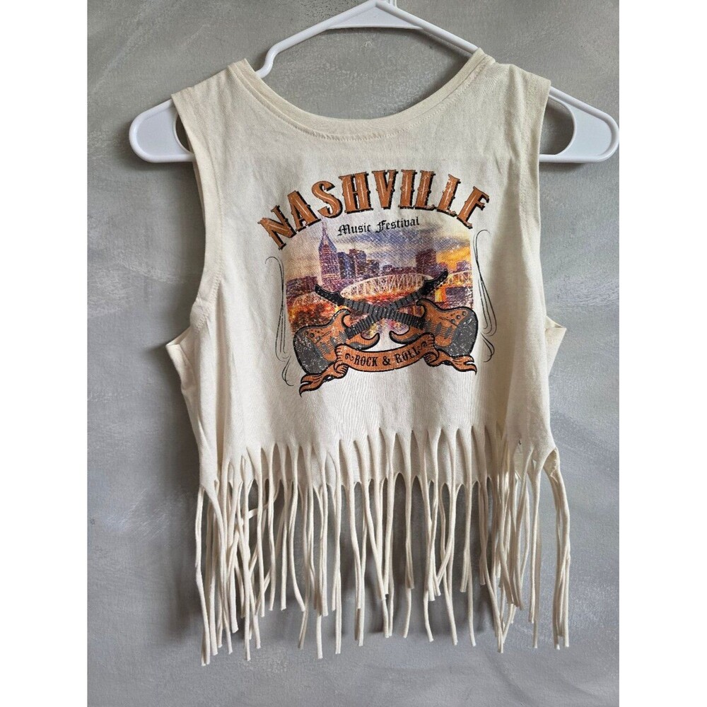 Nashville Rock & Roll Music Festival Tan Fringe Tank Top Shirt Size S